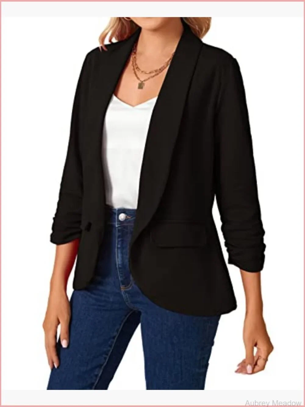 Women's Open Front Blazer 3/4 Ruched Sleeve Shawl Collar Business Work Jacket
